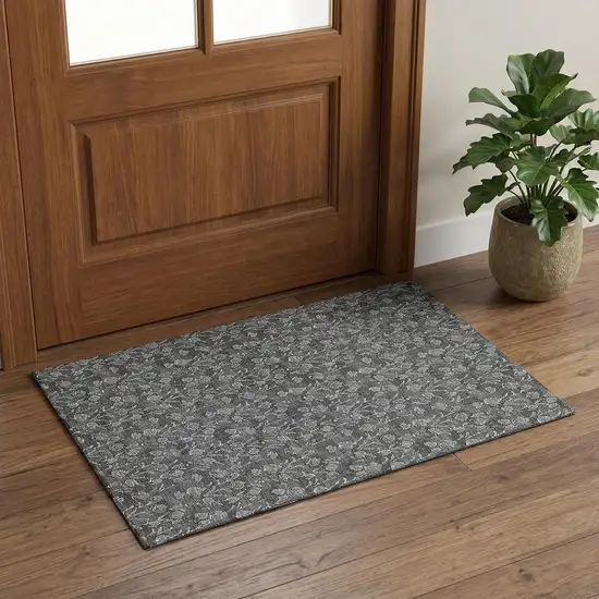 Gray And Silver Floral Washable Area Rug With UV Protection Photo 1
