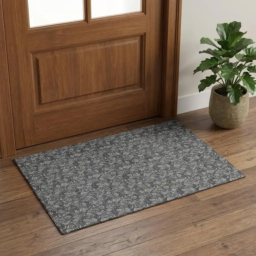 Gray And Silver Floral Washable Area Rug With UV Protection Photo 1