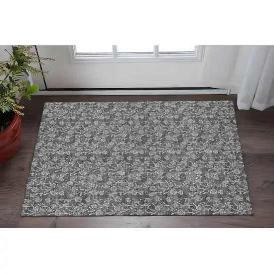 Gray And Silver Floral Washable Area Rug With UV Protection Photo 2
