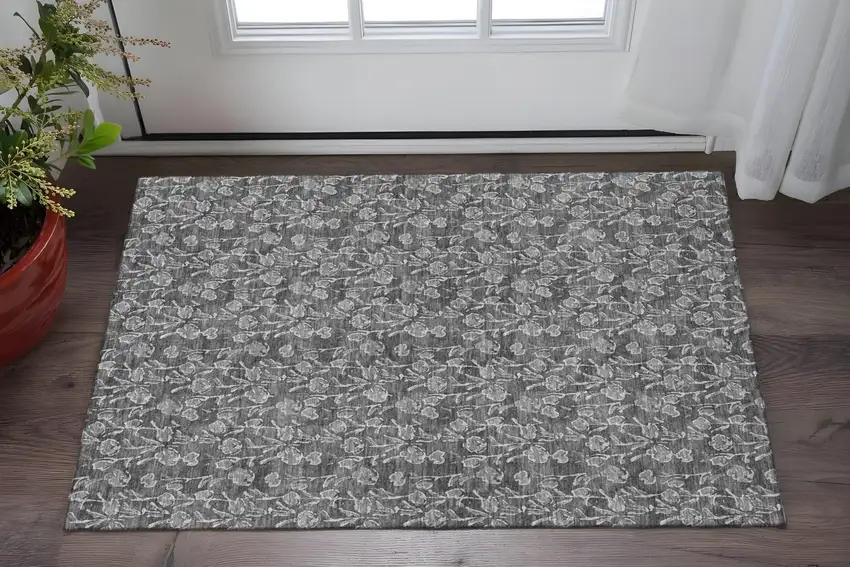 Gray And Silver Floral Washable Area Rug With UV Protection Photo 2