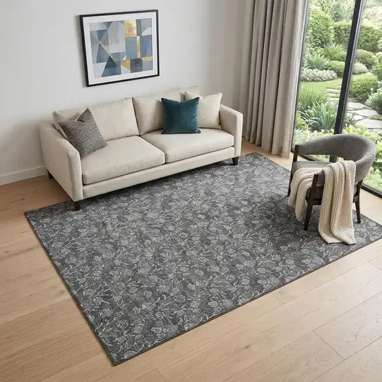 Gray And Silver Floral Washable Area Rug With UV Protection Photo 1