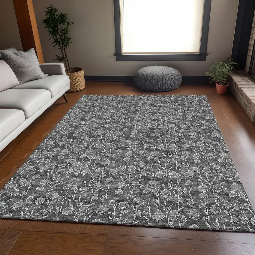 Gray And Silver Floral Washable Area Rug With UV Protection Photo 6
