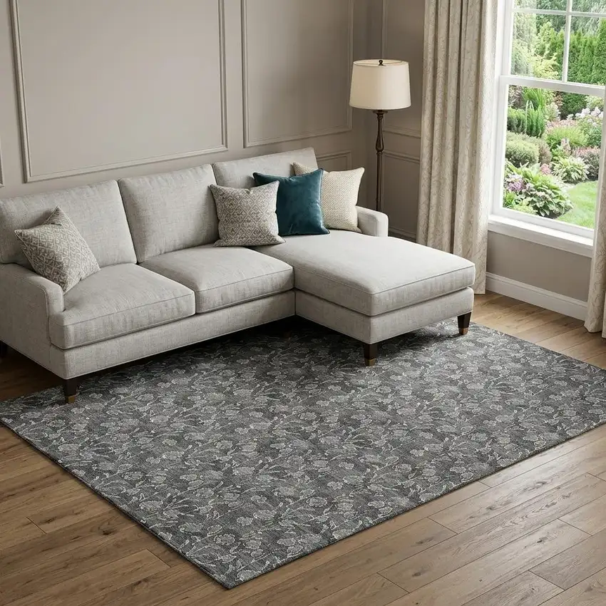 Gray And Silver Floral Washable Area Rug With UV Protection Photo 1