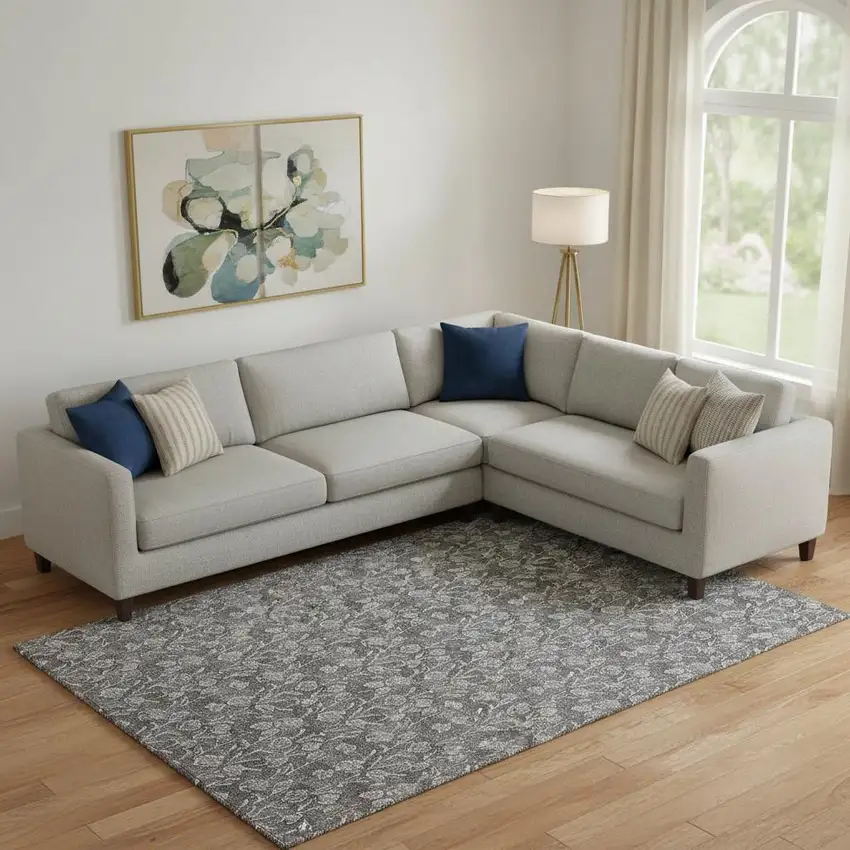 Gray And Silver Floral Washable Area Rug With UV Protection Photo 1