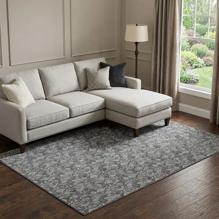 Gray And Silver Floral Washable Area Rug With UV Protection Photo 1