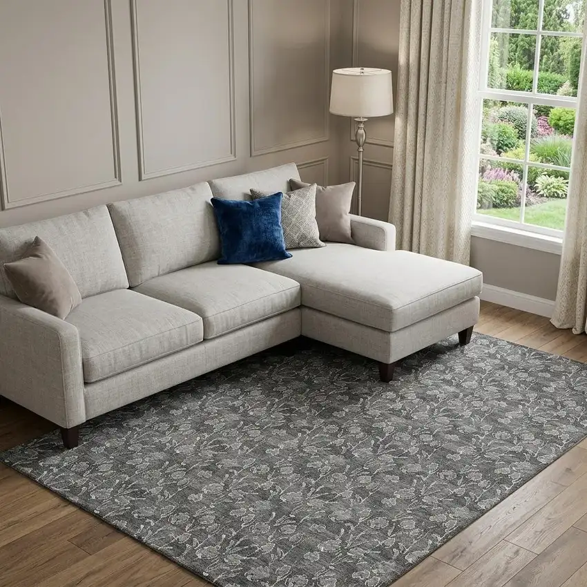 Gray And Silver Floral Washable Area Rug With UV Protection Photo 1