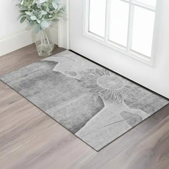 Gray And Silver Floral Washable Area Rug With UV Protection Photo 1