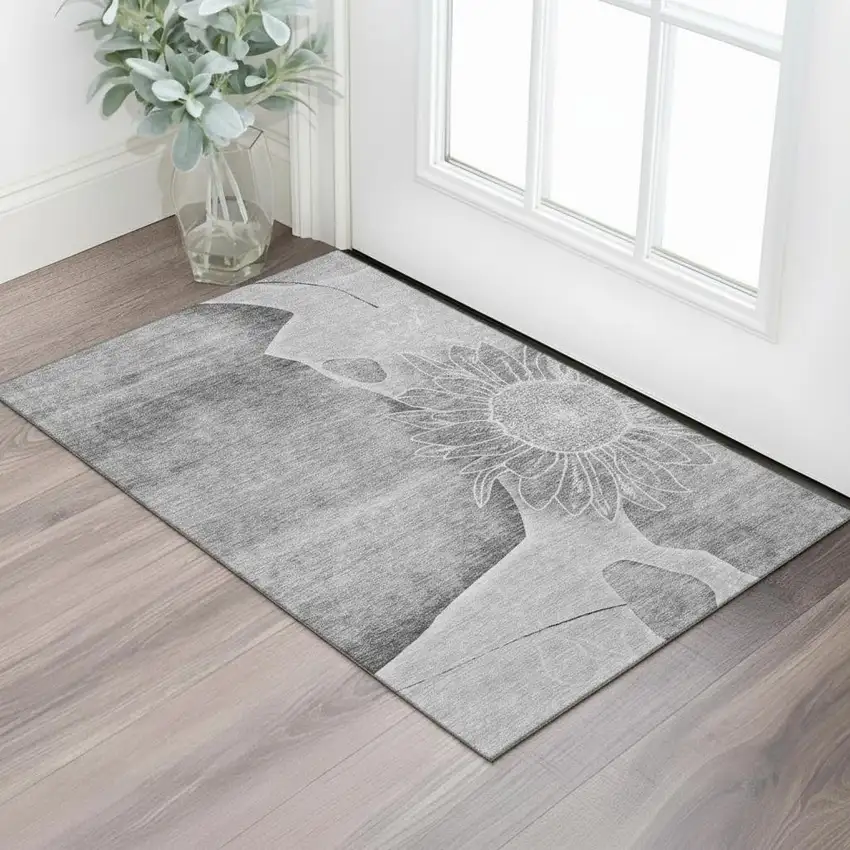 Gray And Silver Floral Washable Area Rug With UV Protection Photo 1