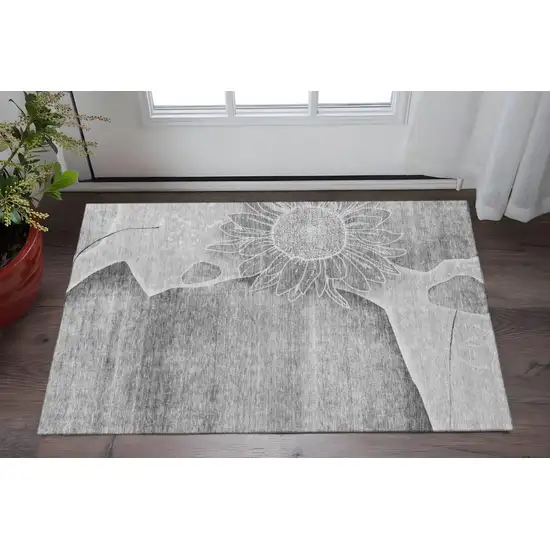 Gray And Silver Floral Washable Area Rug With UV Protection Photo 2