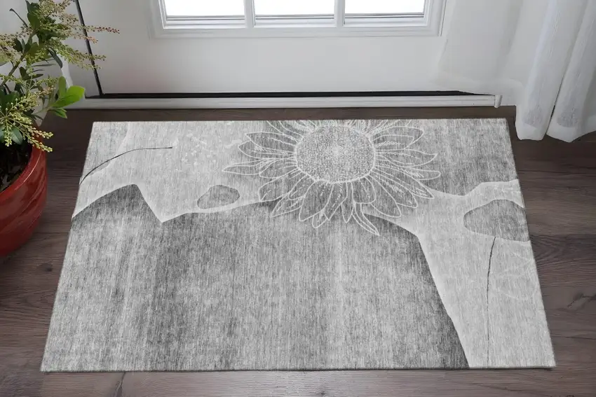 Gray And Silver Floral Washable Area Rug With UV Protection Photo 2