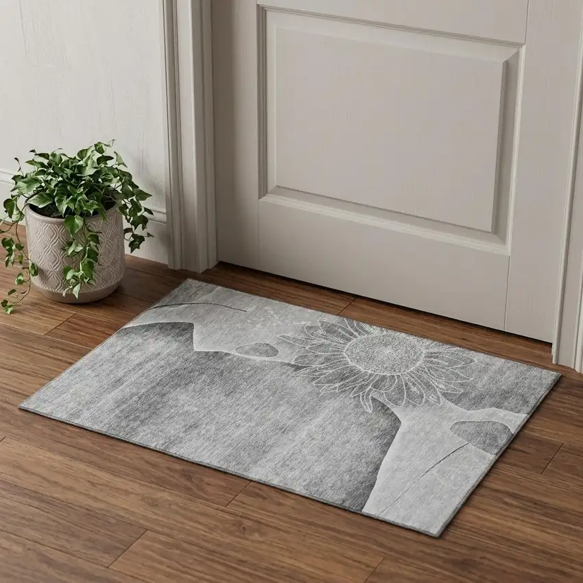 Gray And Silver Floral Washable Area Rug With UV Protection Photo 1