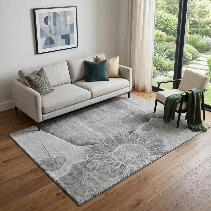 Gray And Silver Floral Washable Area Rug With UV Protection Photo 1
