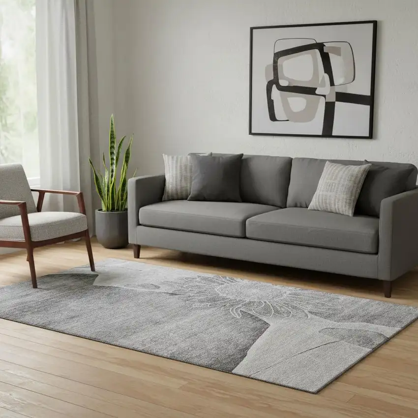 Gray And Silver Floral Washable Area Rug With UV Protection Photo 1