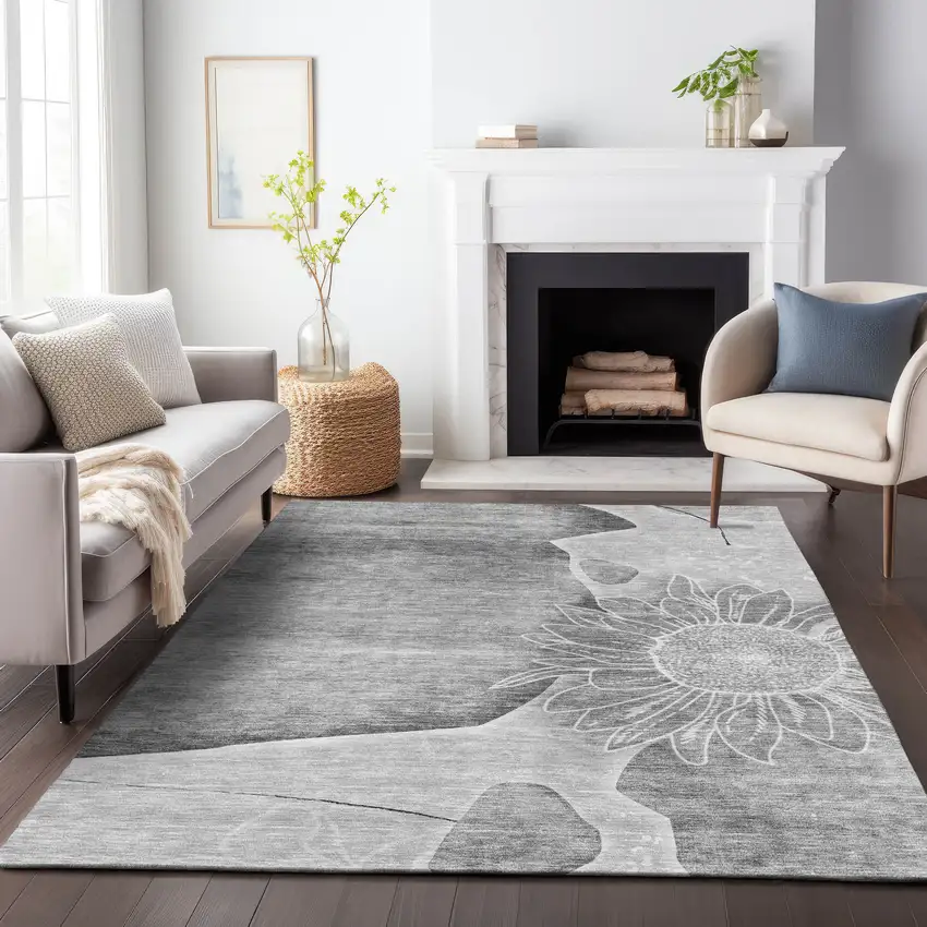 Gray And Silver Floral Washable Area Rug With UV Protection Photo 4