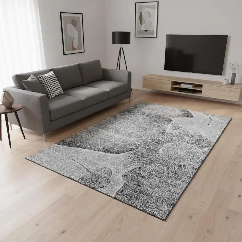 Gray And Silver Floral Washable Area Rug With UV Protection Photo 3