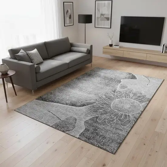 Gray And Silver Floral Washable Area Rug With UV Protection Photo 2