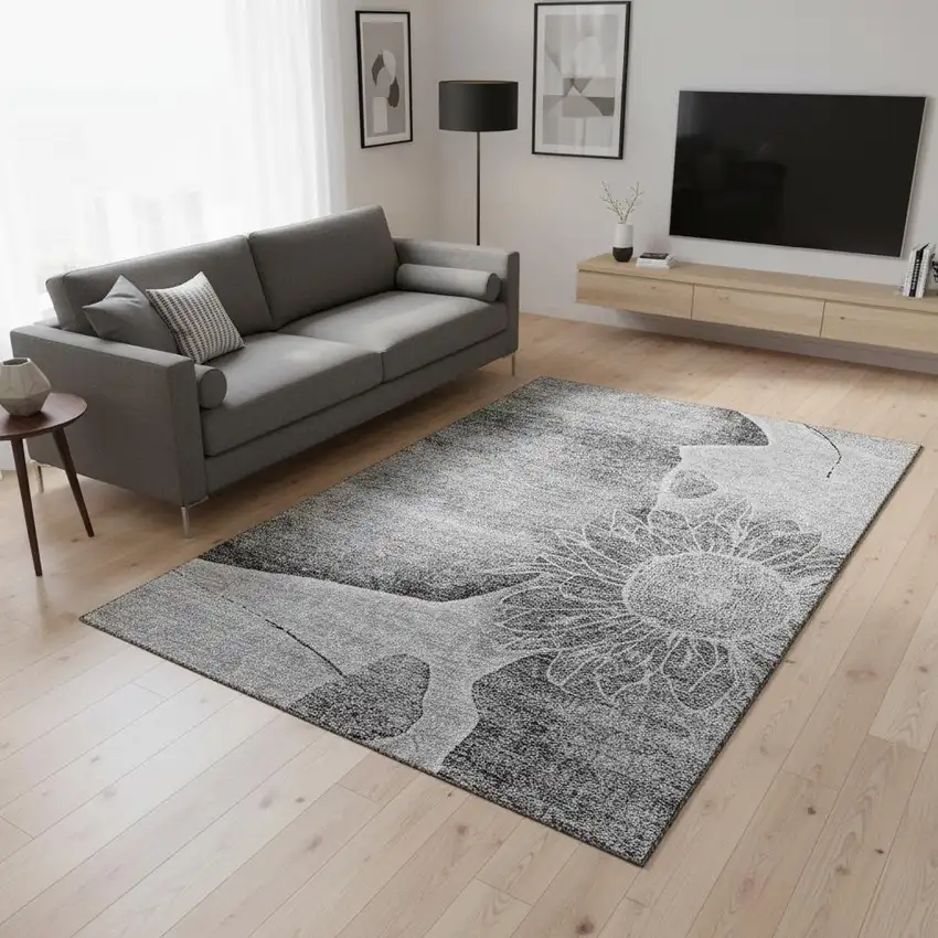 Gray And Silver Floral Washable Area Rug With UV Protection Photo 2