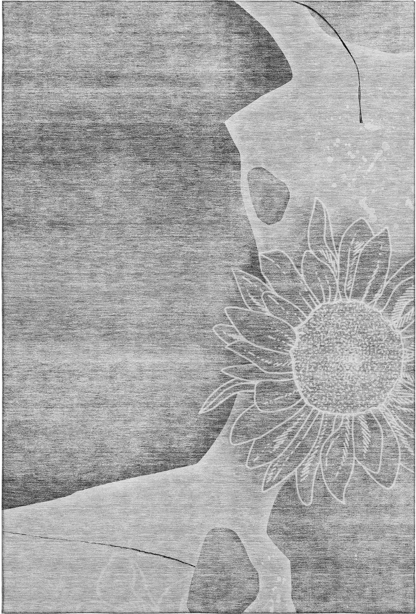 Gray And Silver Floral Washable Area Rug With UV Protection Photo 1
