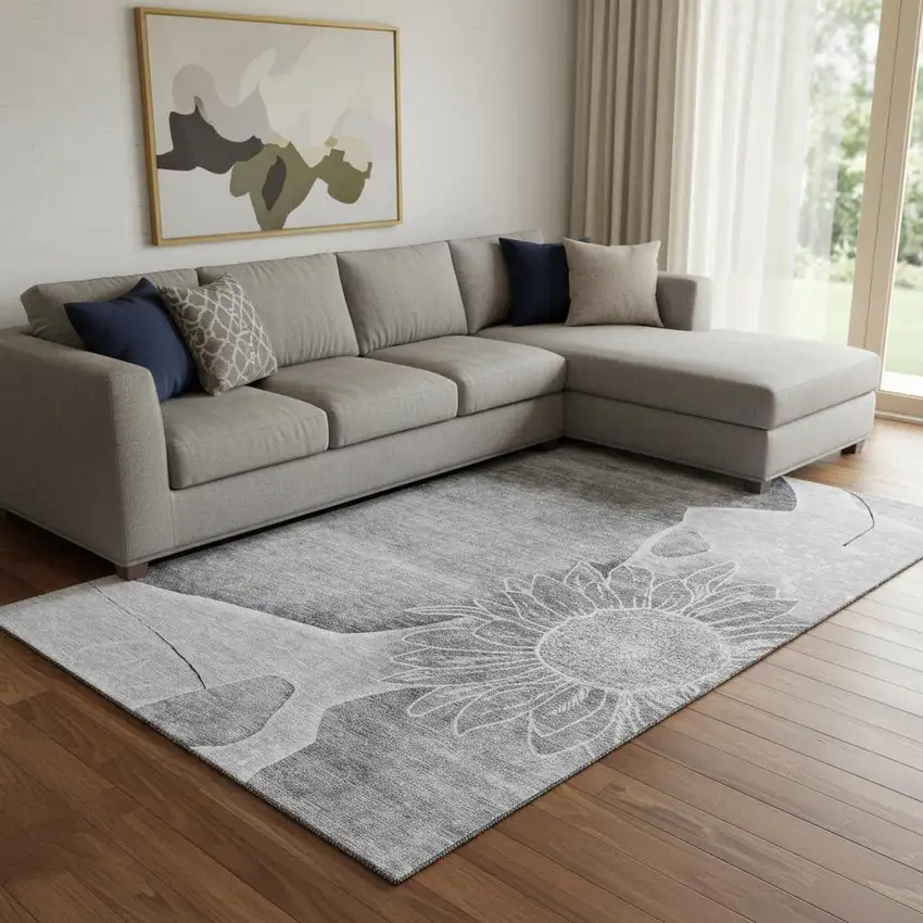 Gray And Silver Floral Washable Area Rug With UV Protection Photo 1