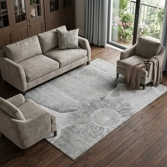 Gray And Silver Floral Washable Area Rug With UV Protection Photo 1