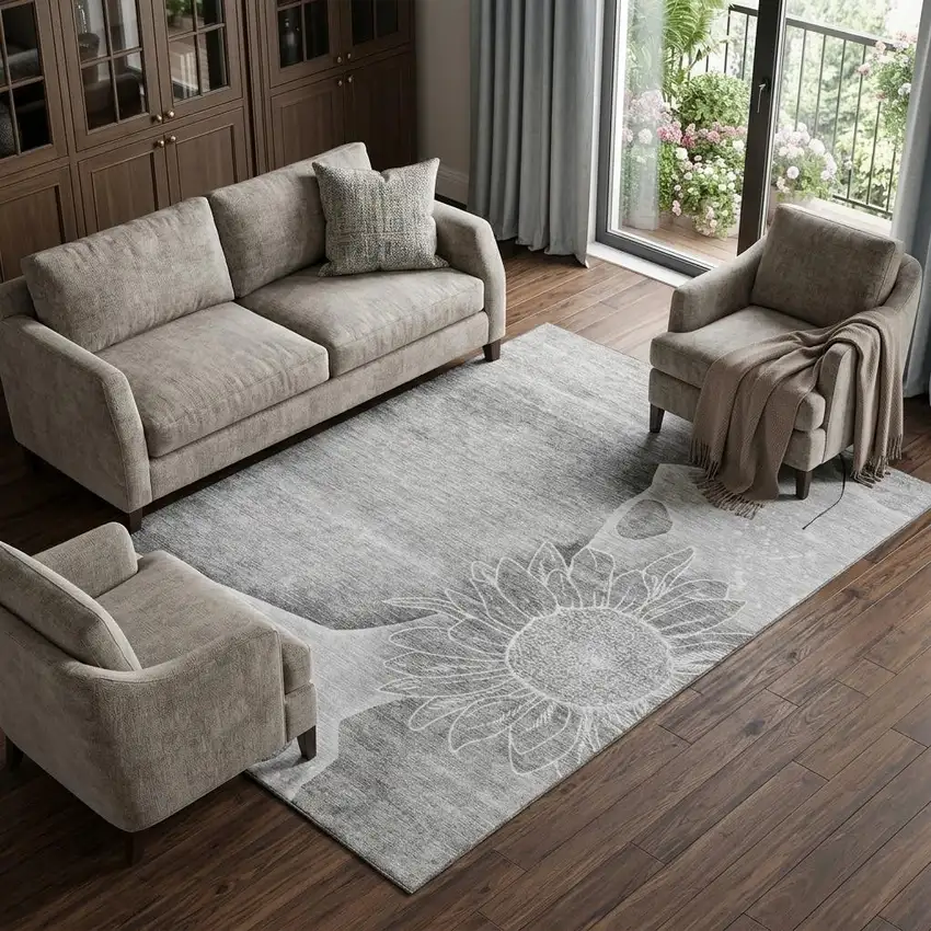 Gray And Silver Floral Washable Area Rug With UV Protection Photo 1
