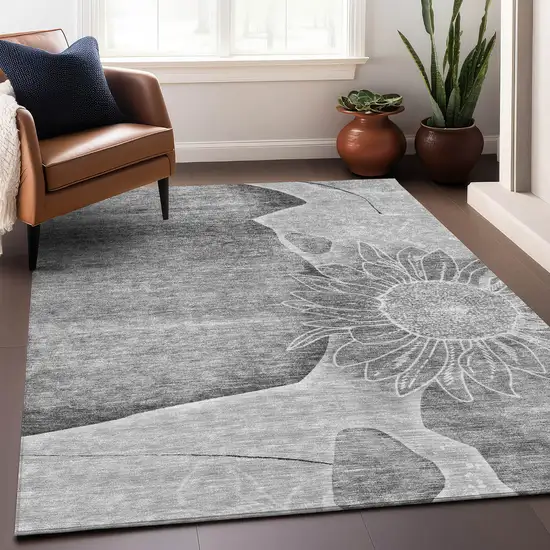 Gray And Silver Floral Washable Area Rug With UV Protection Photo 6