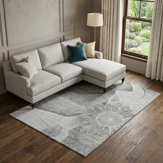 Gray And Silver Floral Washable Area Rug With UV Protection Photo 1
