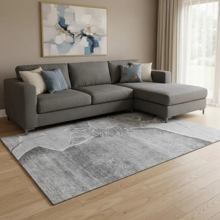 Gray And Silver Floral Washable Area Rug With UV Protection Photo 1