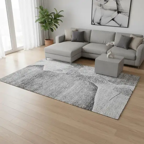 Gray And Silver Floral Washable Area Rug With UV Protection Photo 1