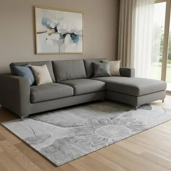 Gray And Silver Floral Washable Area Rug With UV Protection Photo 1