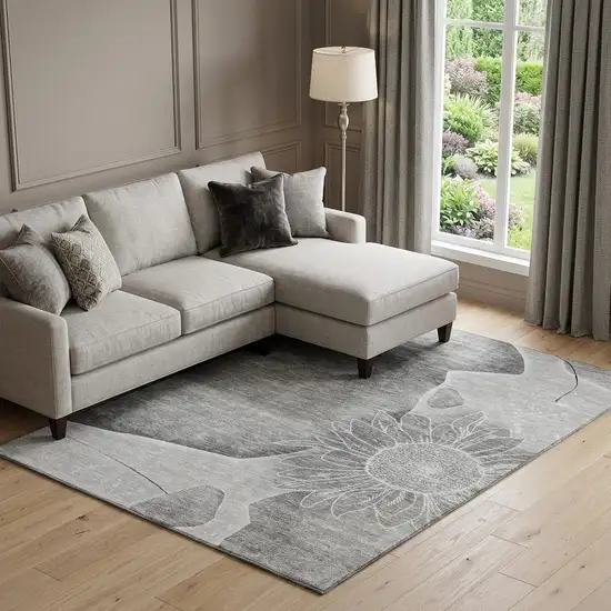 Gray And Silver Floral Washable Area Rug With UV Protection Photo 1