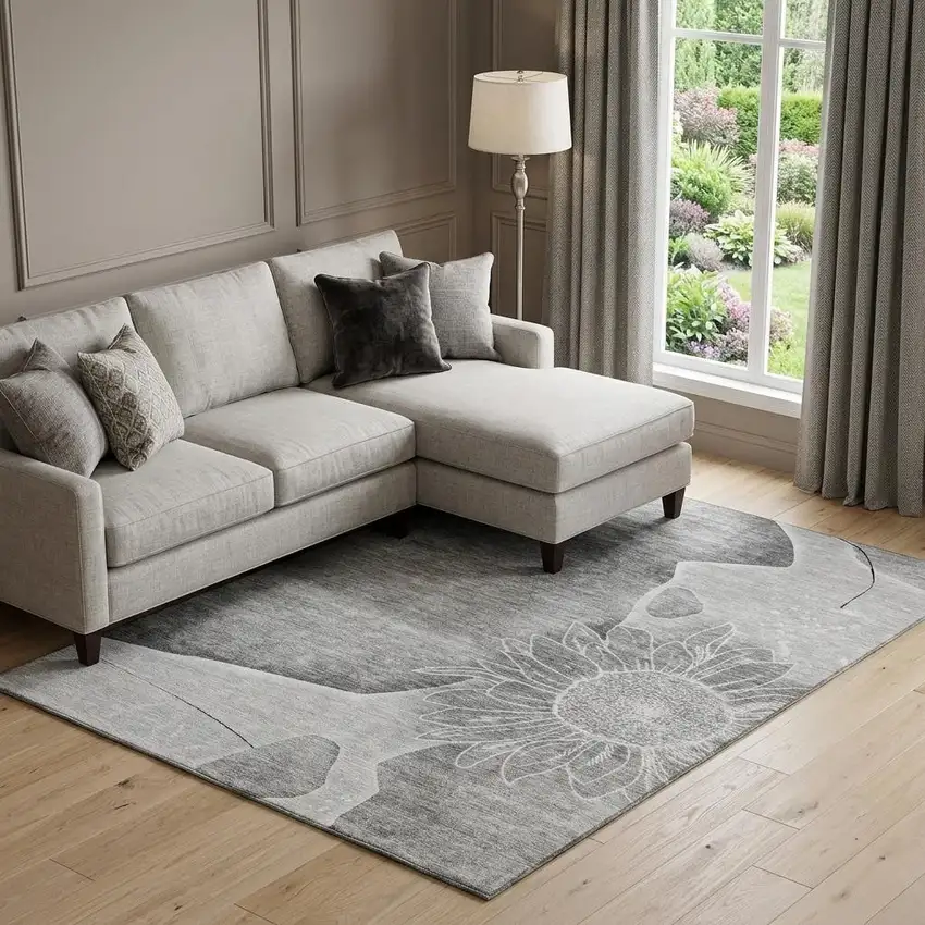 Gray And Silver Floral Washable Area Rug With UV Protection Photo 1