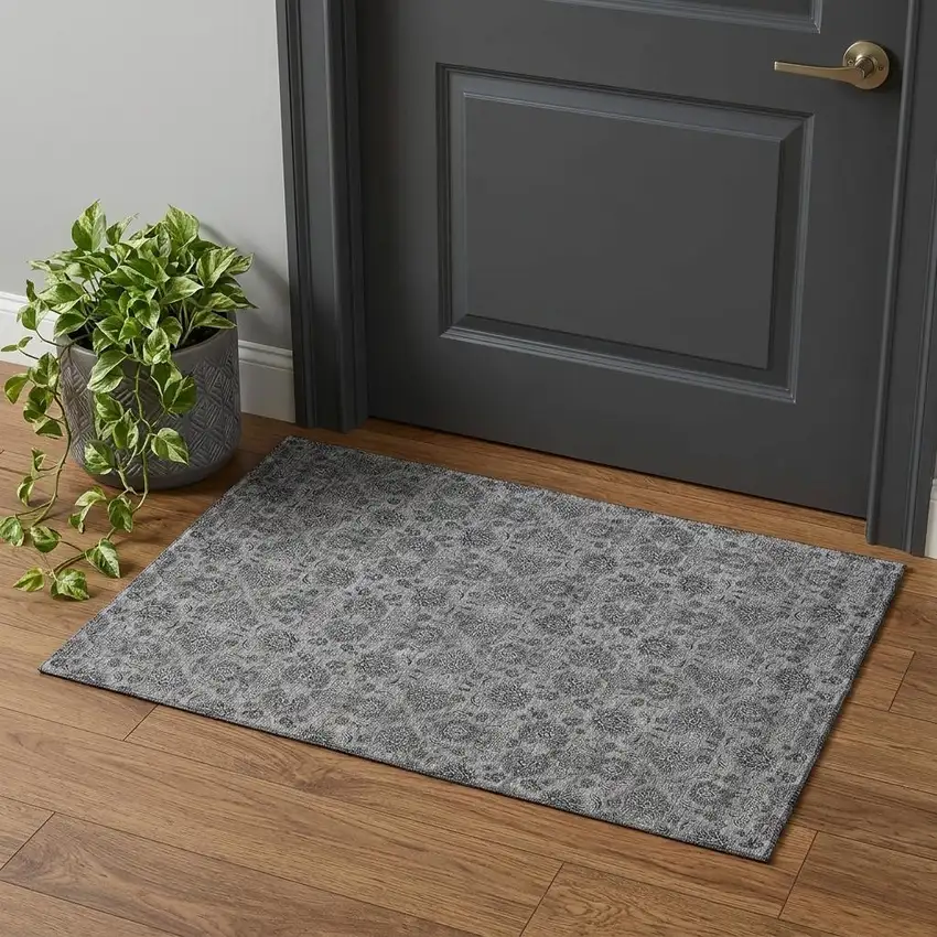 Gray And Silver Floral Washable Area Rug With UV Protection Photo 1