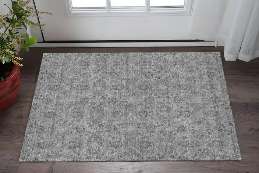 Gray And Silver Floral Washable Area Rug With UV Protection Photo 2