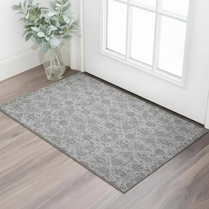 Gray And Silver Floral Washable Area Rug With UV Protection Photo 1