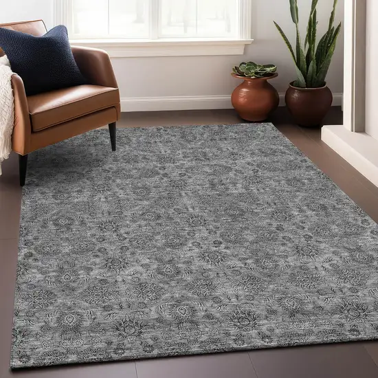 Gray And Silver Floral Washable Area Rug With UV Protection Photo 4