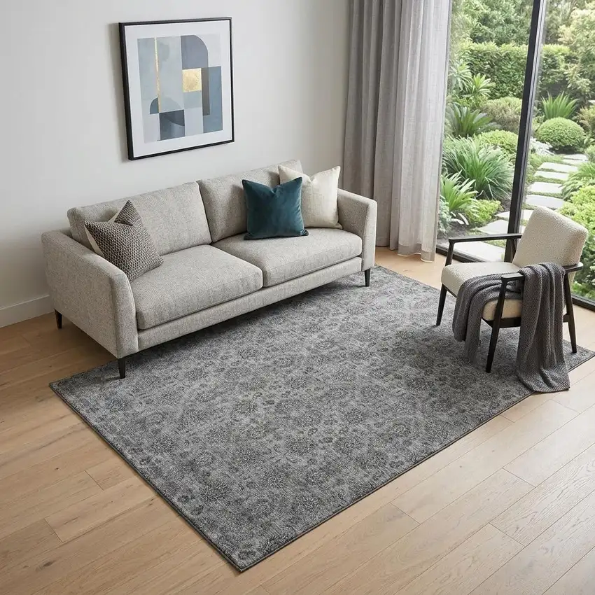 Gray And Silver Floral Washable Area Rug With UV Protection Photo 1