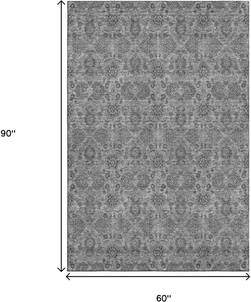 Gray And Silver Floral Washable Area Rug With UV Protection Photo 3