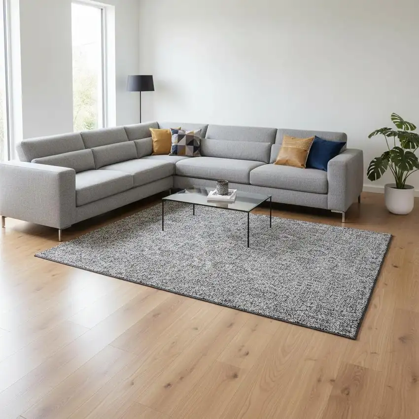 Gray And Silver Floral Washable Area Rug With UV Protection Photo 1