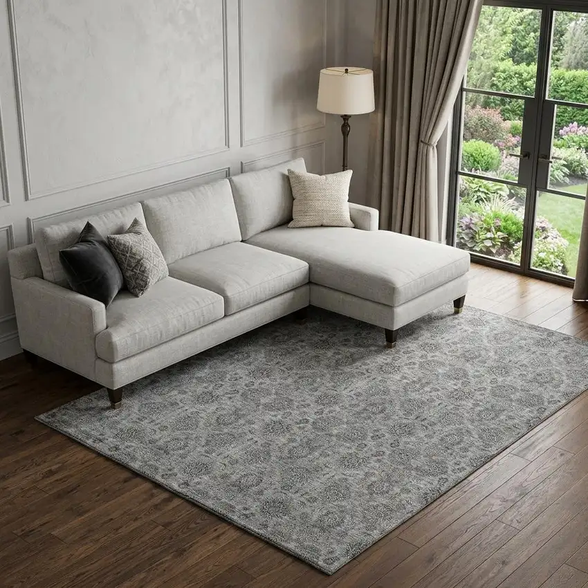 Gray And Silver Floral Washable Area Rug With UV Protection Photo 1