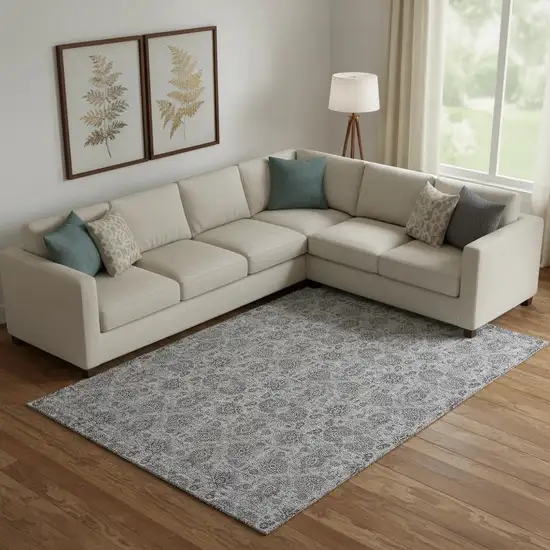 Gray And Silver Floral Washable Area Rug With UV Protection Photo 1