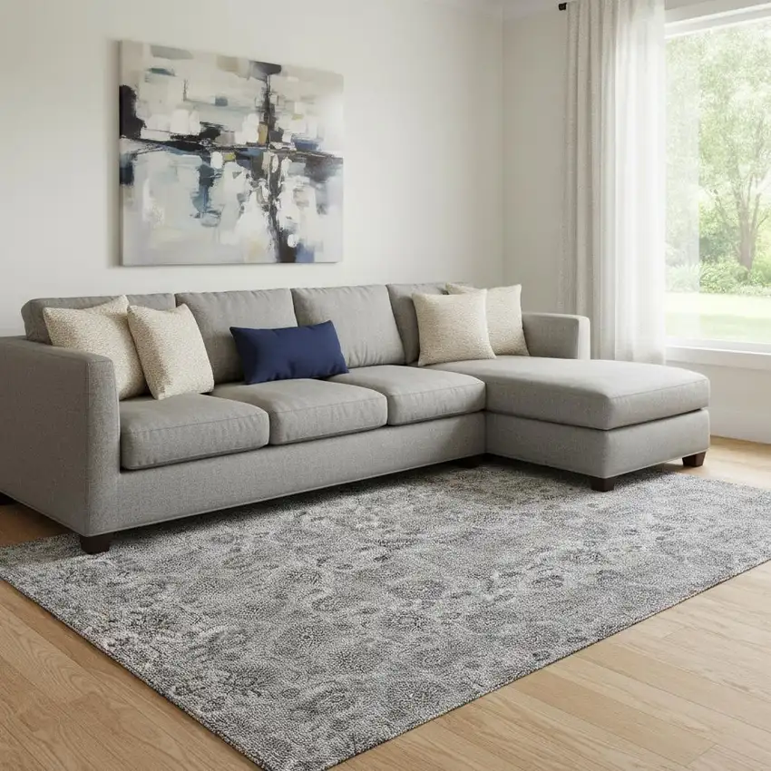 Gray And Silver Floral Washable Area Rug With UV Protection Photo 1