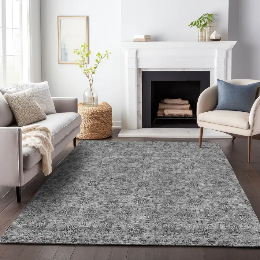 Gray And Silver Floral Washable Area Rug With UV Protection Photo 5