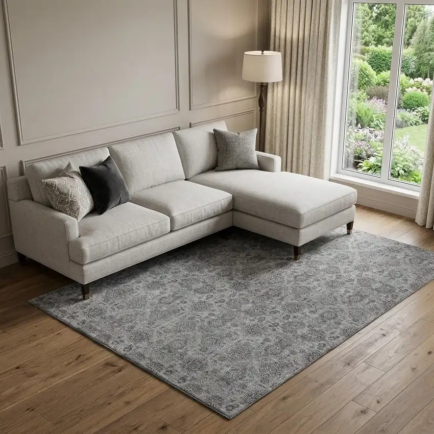 Gray And Silver Floral Washable Area Rug With UV Protection Photo 1