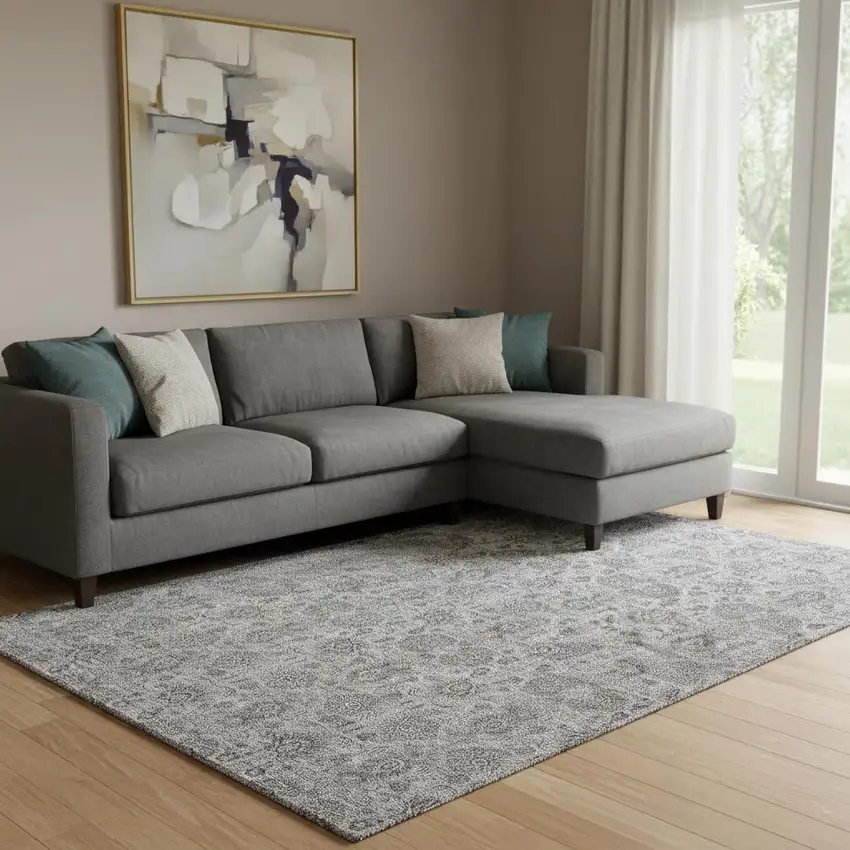 Gray And Silver Floral Washable Area Rug With UV Protection Photo 1