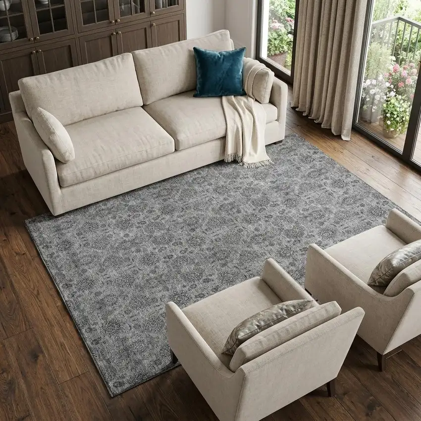 Gray And Silver Floral Washable Area Rug With UV Protection Photo 1