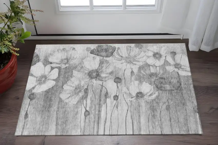 Gray And Silver Floral Washable Area Rug With UV Protection Photo 2