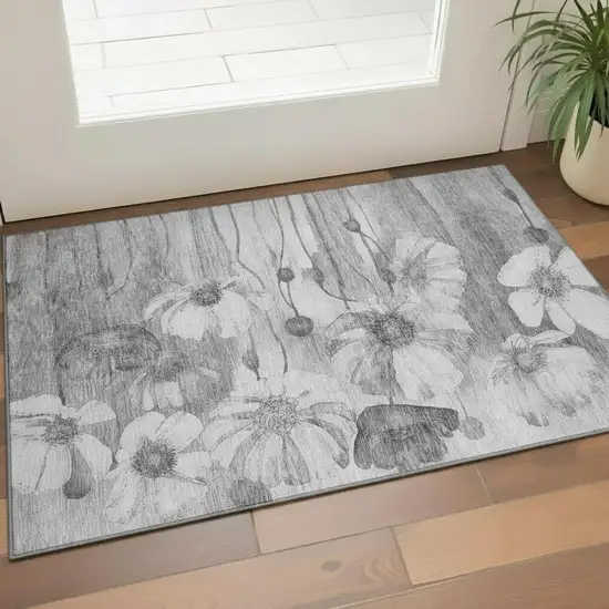 Gray And Silver Floral Washable Area Rug With UV Protection Photo 1