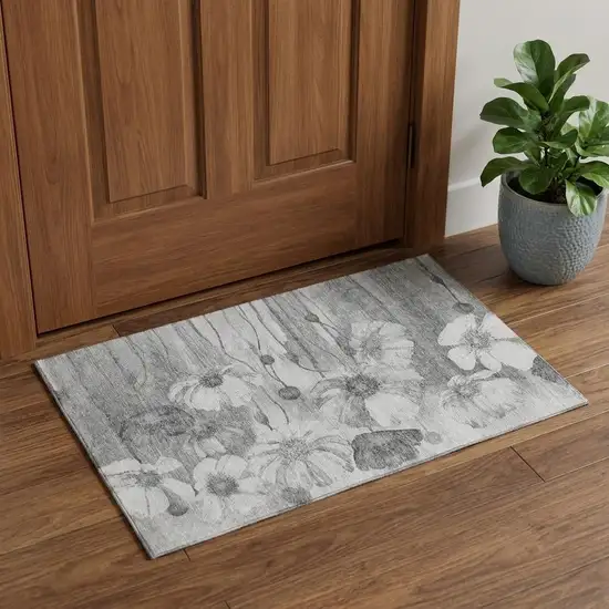 Gray And Silver Floral Washable Area Rug With UV Protection Photo 1