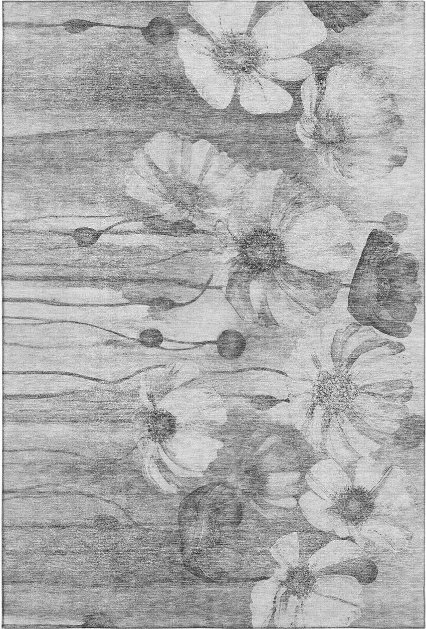 Gray And Silver Floral Washable Area Rug With UV Protection Photo 2